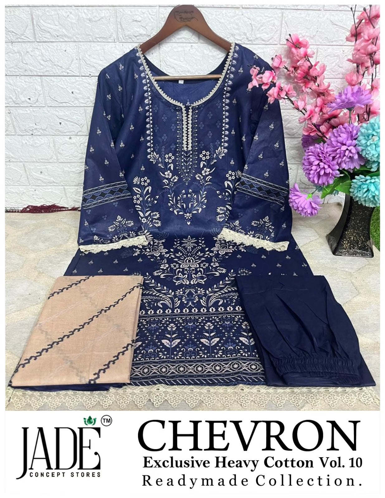 Jade Chevron - Pakistani Lawn Readymade Suit Set with Heavy Lace & Dupatta - Pure Cotton Lawn