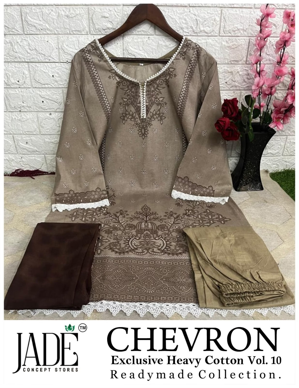 Jade Chevron - Pakistani Lawn Readymade Suit Set with Heavy Lace & Dupatta - Pure Cotton Lawn