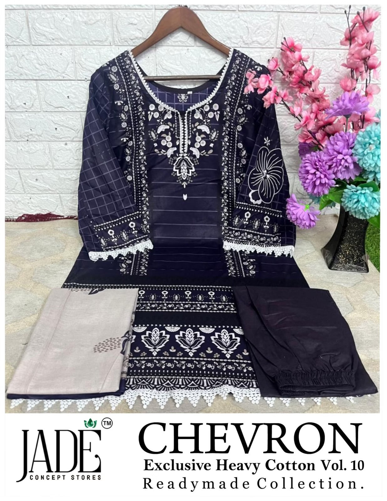 Jade Chevron - Pakistani Lawn Readymade Suit Set with Heavy Lace & Dupatta - Pure Cotton Lawn