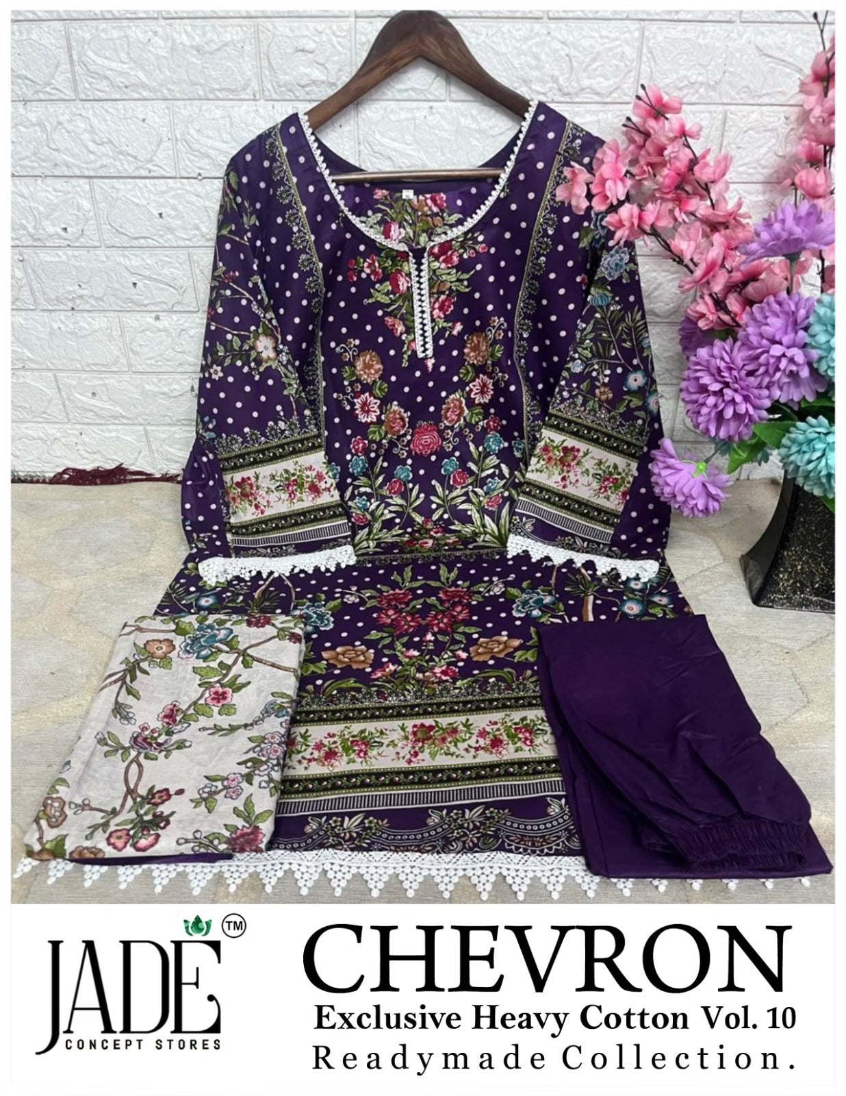 Jade Chevron - Pakistani Lawn Readymade Suit Set with Heavy Lace & Dupatta - Pure Cotton Lawn
