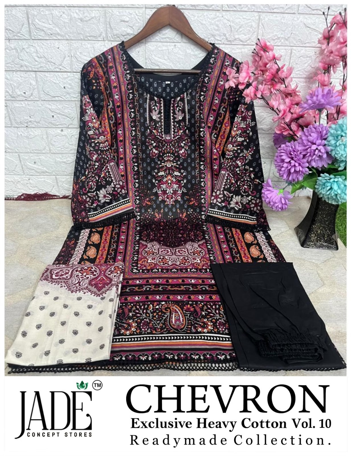 Jade Chevron - Pakistani Lawn Readymade Suit Set with Heavy Lace & Dupatta - Pure Cotton Lawn