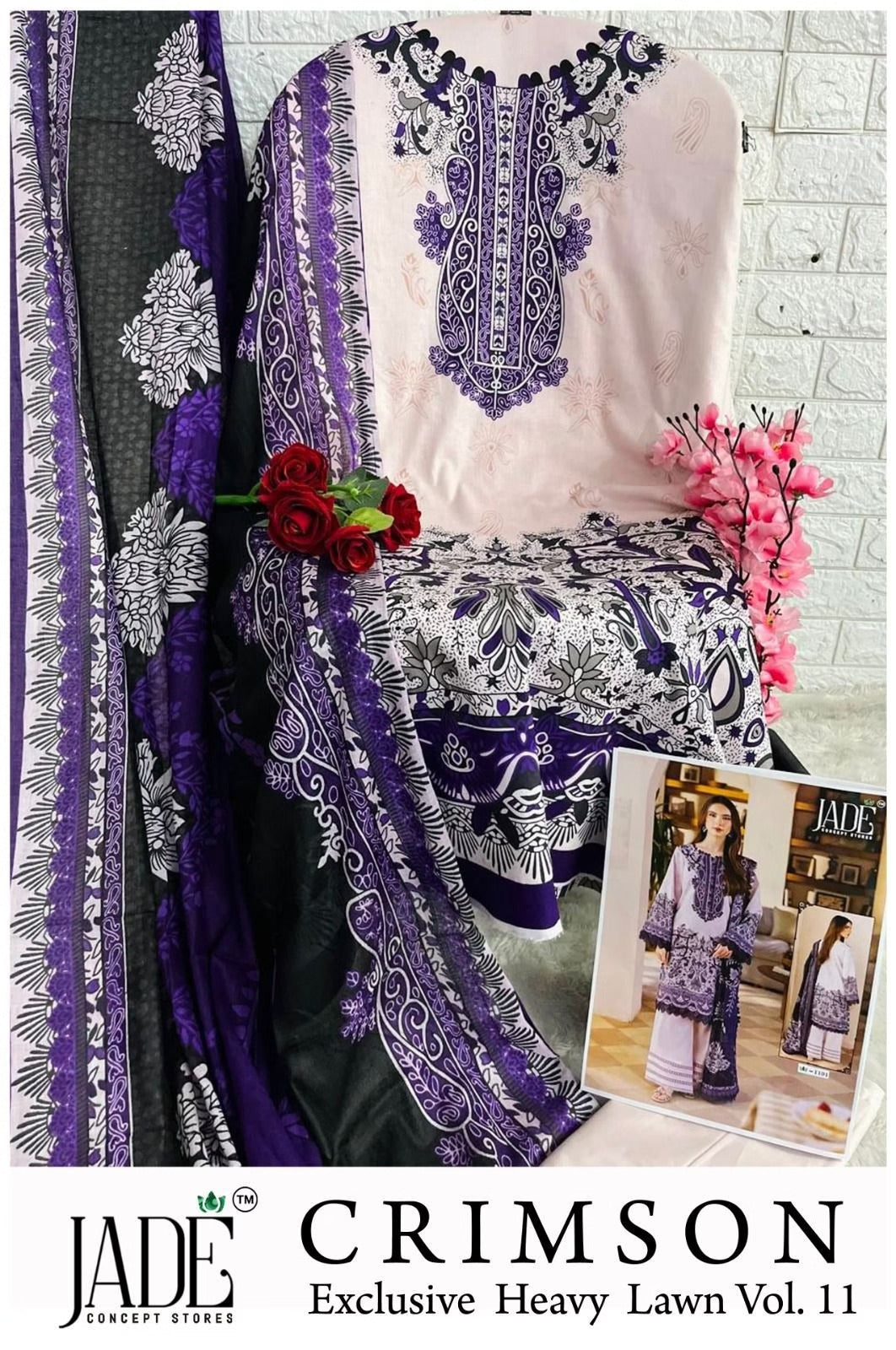 Jade Crimson - Exclusive Heavy Lawn Unstitched Dress Material with Cotton Dupatta