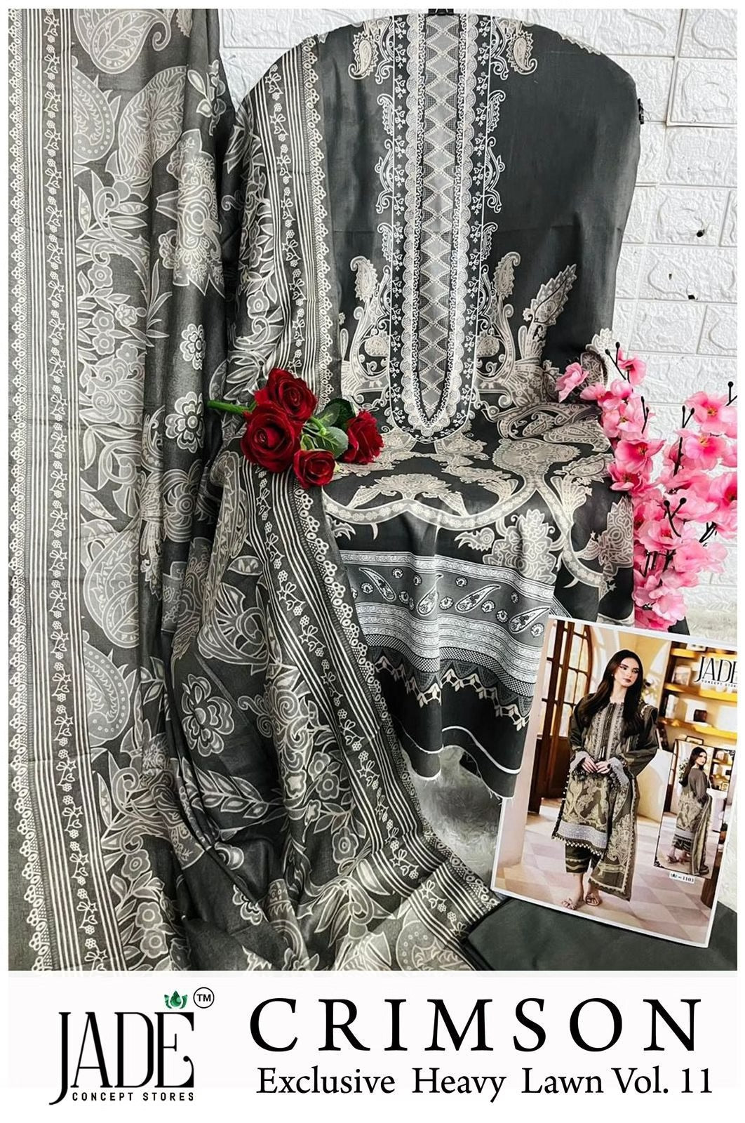Jade Crimson - Exclusive Heavy Lawn Unstitched Dress Material with Cotton Dupatta