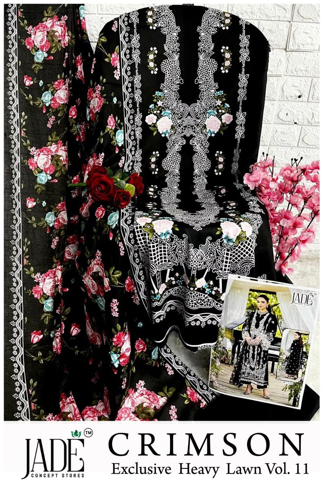 Jade Crimson - Exclusive Heavy Lawn Unstitched Dress Material with Cotton Dupatta