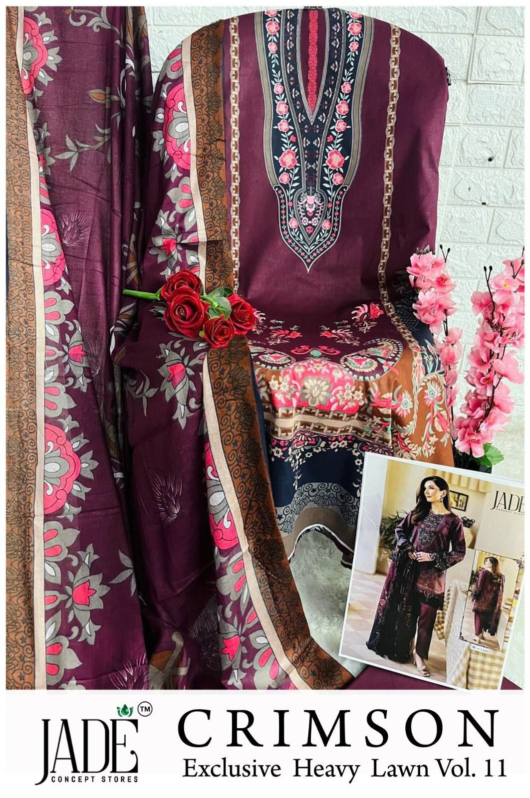 Jade Crimson - Exclusive Heavy Lawn Unstitched Dress Material with Cotton Dupatta
