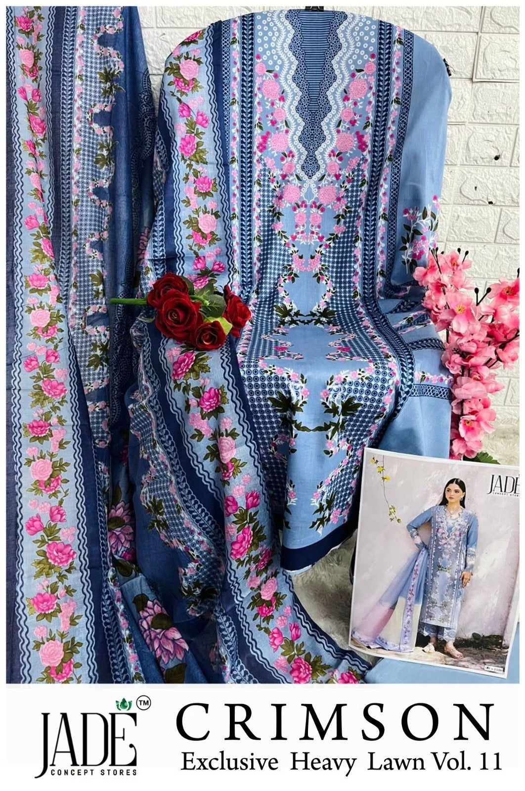 Jade Crimson - Exclusive Heavy Lawn Unstitched Dress Material with Cotton Dupatta