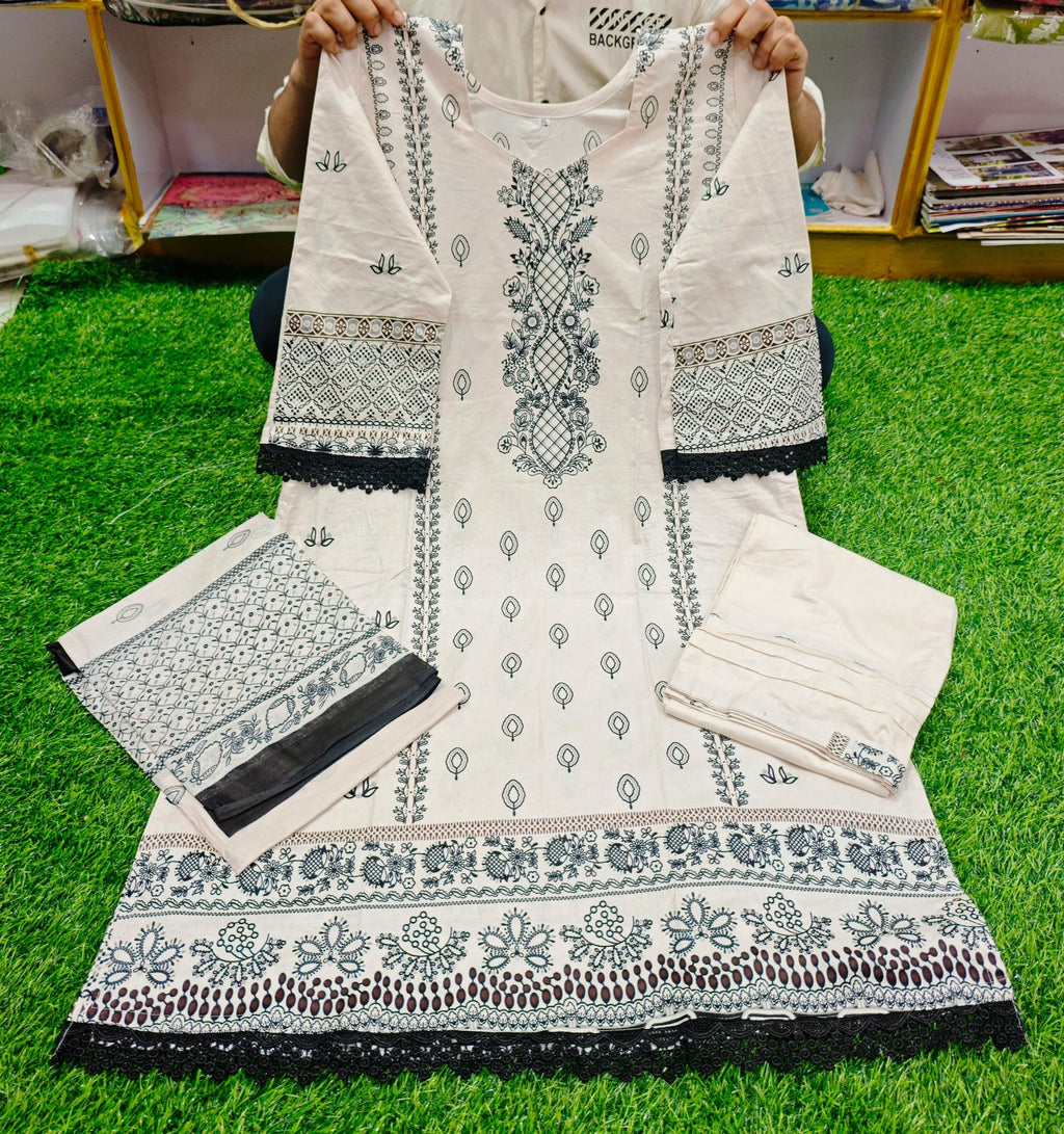 Jade Chevron Pakistani Lawn Readymade Suit Set | Pure Cotton Lawn with Heavy Lace Work