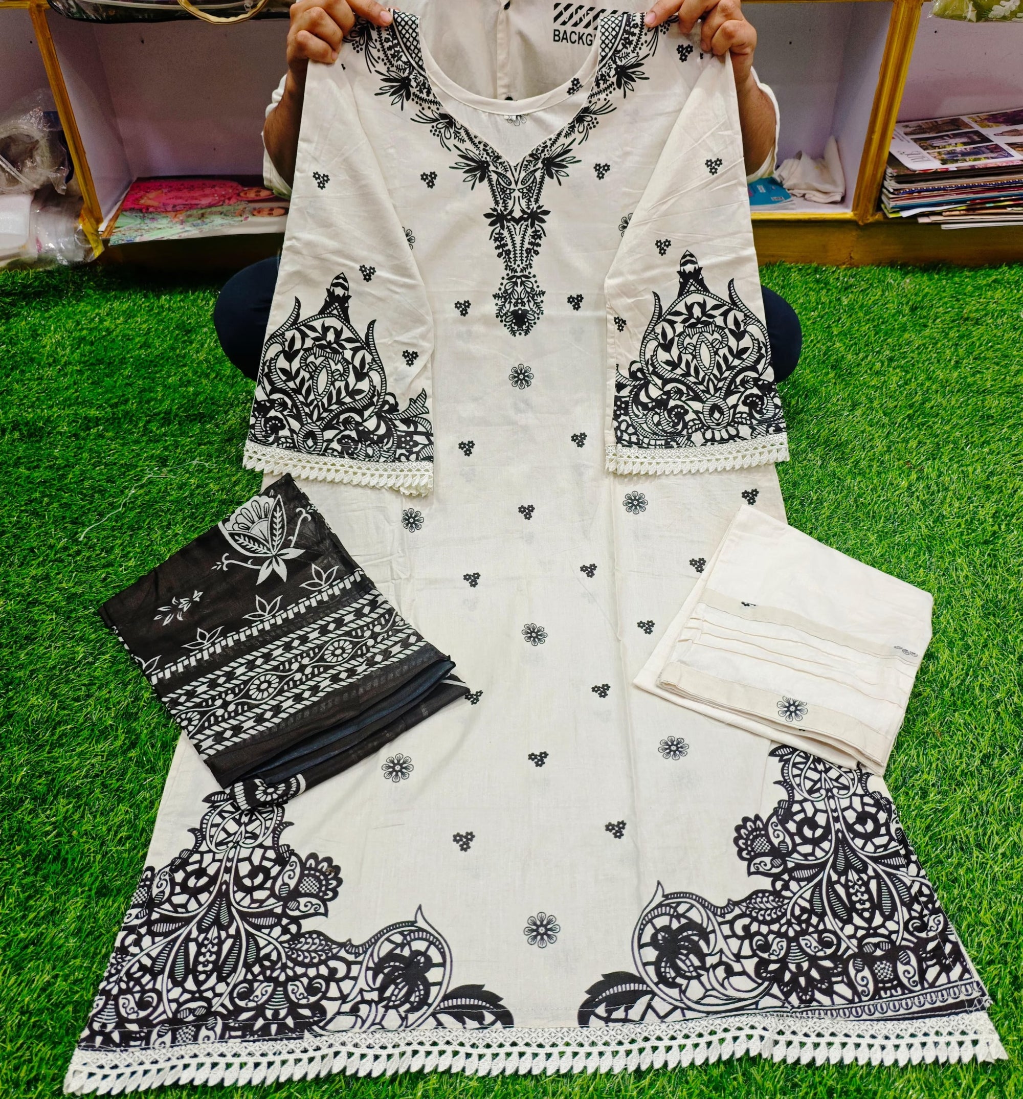 Women’s Pakistani Lawn Readymade Suit | Jade Chevron Cotton Lace Set