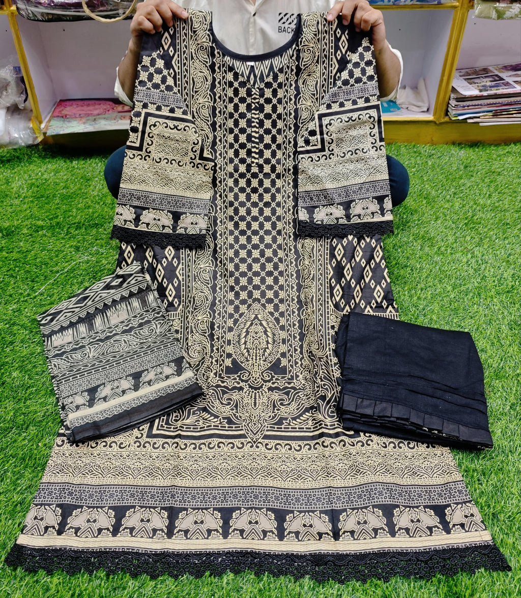 Jade Chevron Cotton Lawn Ready Suit | Elegant Lace Work with Dupatta