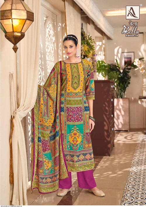 Alok Bella - Designer Maslin Suit – Digital Print with Aari Mirror Work & Box Pallu Dupatta