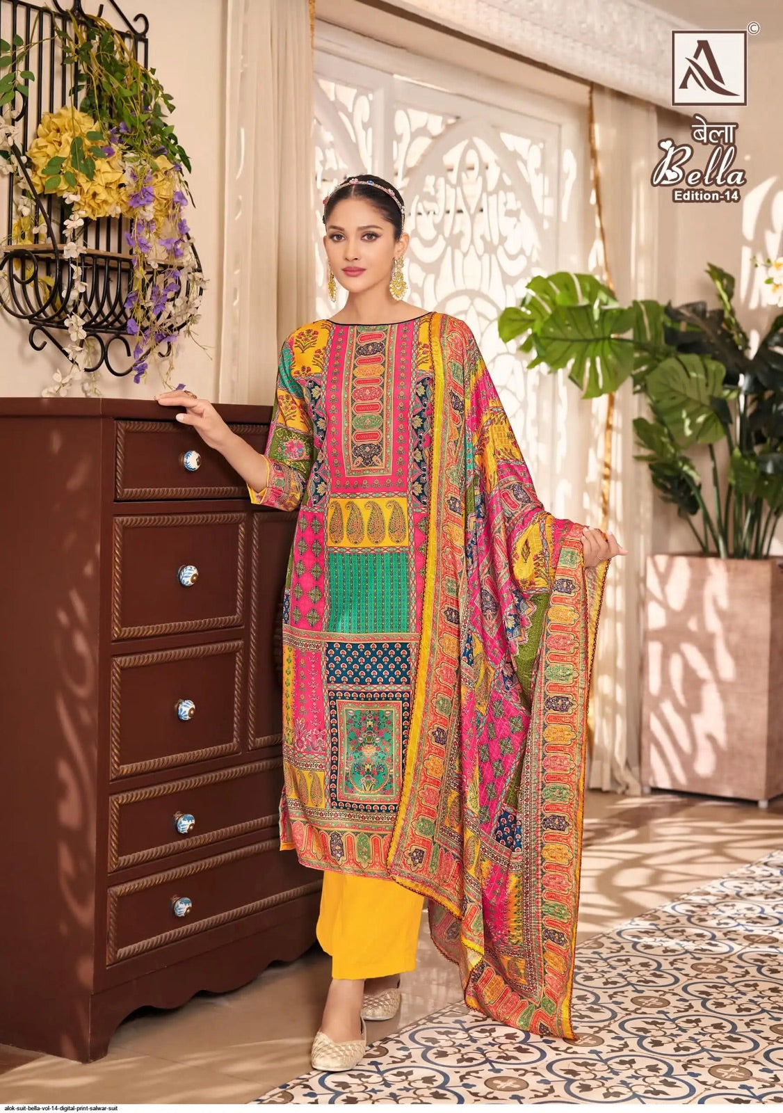 Alok Bella - Designer Maslin Suit – Digital Print with Aari Mirror Work & Box Pallu Dupatta