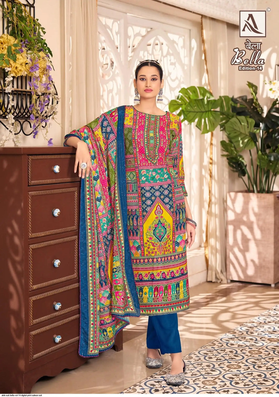Alok Bella - Designer Maslin Suit – Digital Print with Aari Mirror Work & Box Pallu Dupatta