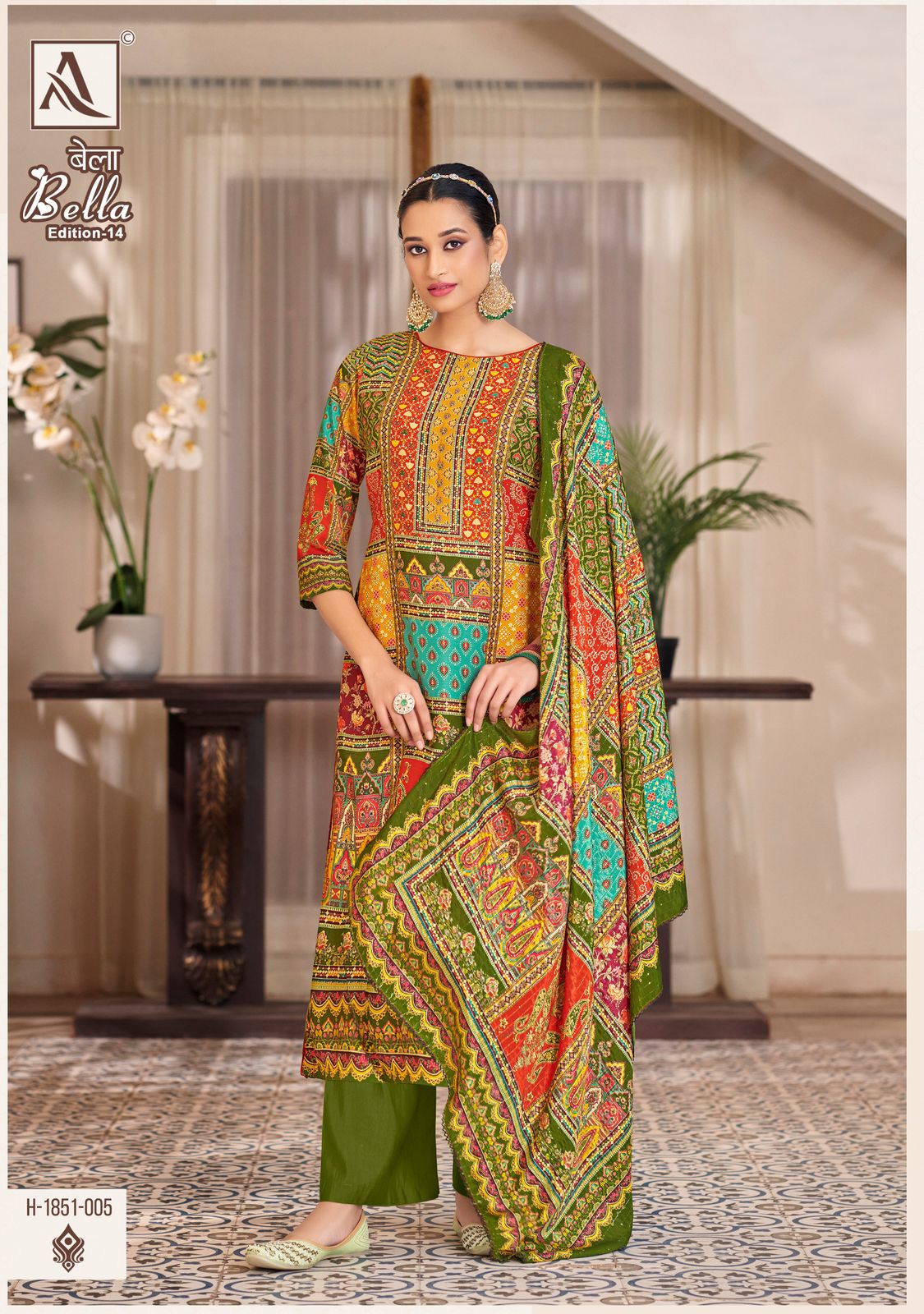 Alok Bella - Designer Maslin Suit – Digital Print with Aari Mirror Work & Box Pallu Dupatta