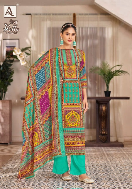 Alok Bella - Designer Maslin Suit – Digital Print with Aari Mirror Work & Box Pallu Dupatta