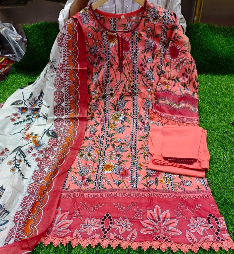 Keval Kainat Pakistani Lawn Readymade Suit Set | Pure Cotton Lawn with Heavy Lace Work & Dupatta