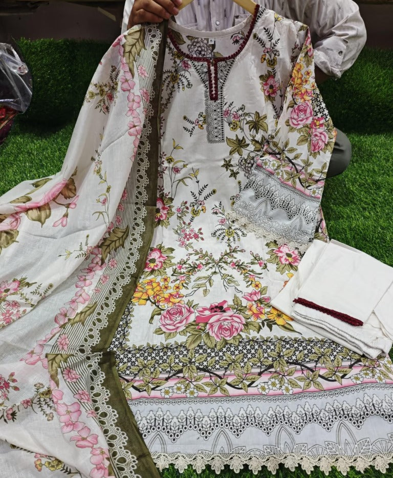 Keval Kainat Pakistani Lawn Readymade Suit Set | Pure Cotton Lawn with Heavy Lace Work & Dupatta