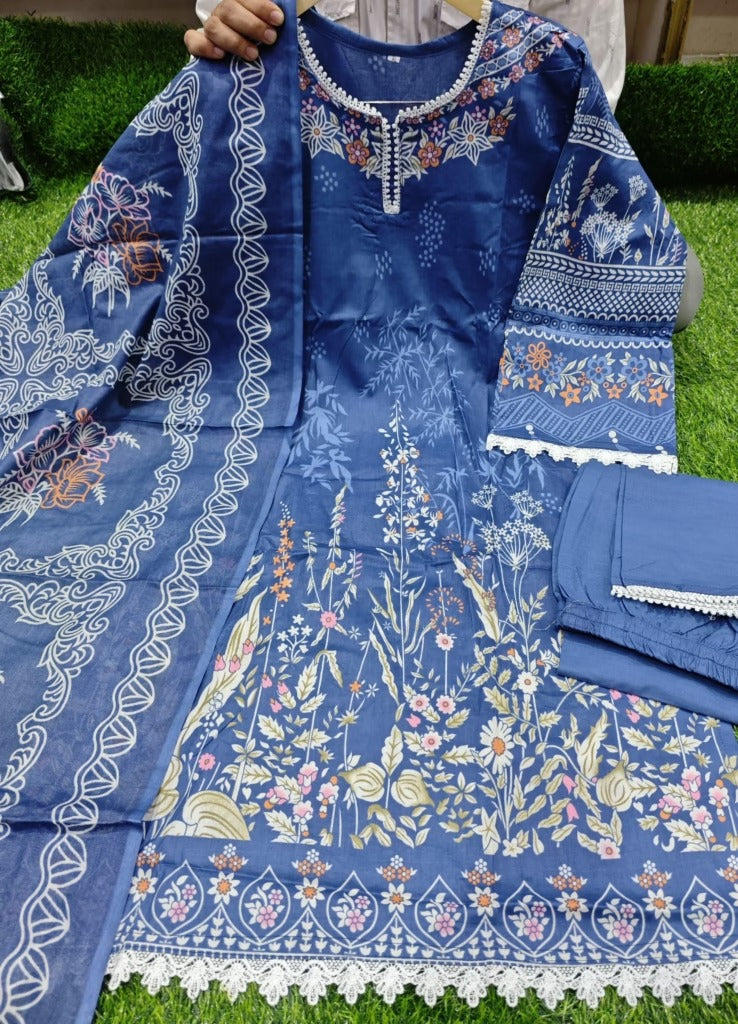 Keval Kainat Pakistani Lawn Readymade Suit Set | Pure Cotton Lawn with Heavy Lace Work & Dupatta