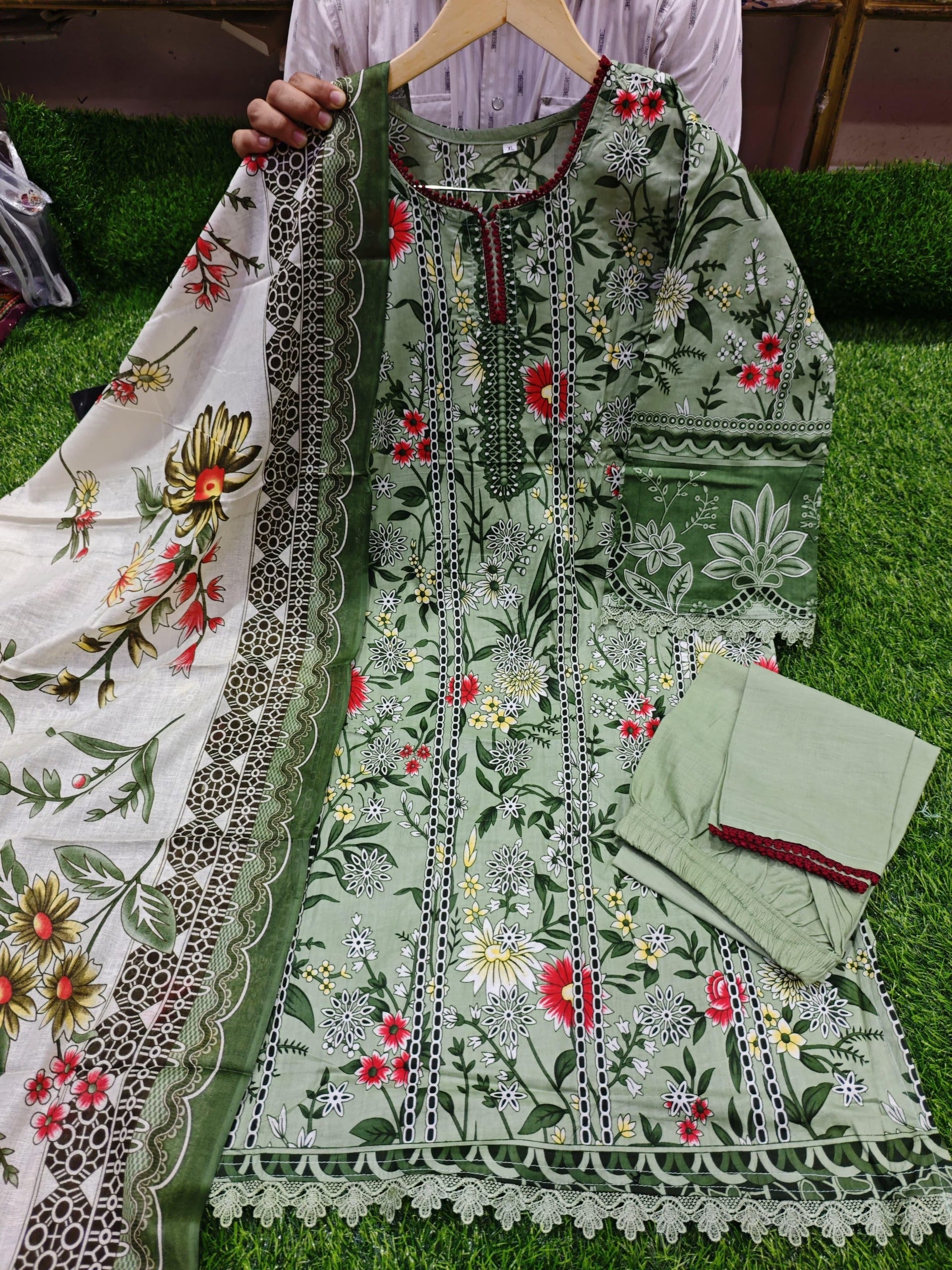 Keval Kainat Pakistani Lawn Readymade Suit Set | Pure Cotton Lawn with Heavy Lace Work & Dupatta