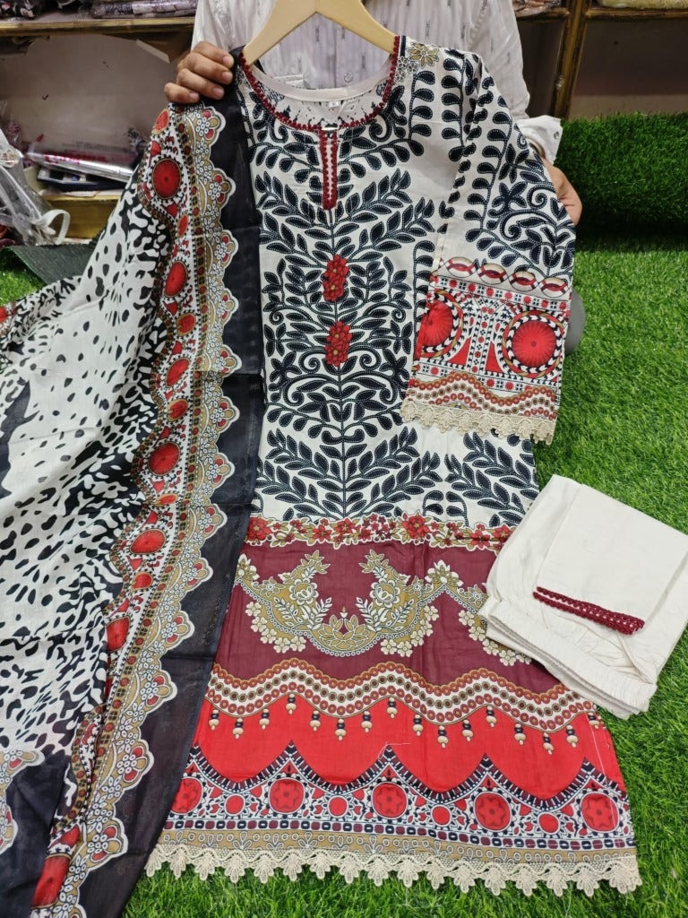 Keval Kainat Pakistani Lawn Readymade Suit Set | Pure Cotton Lawn with Heavy Lace Work & Dupatta
