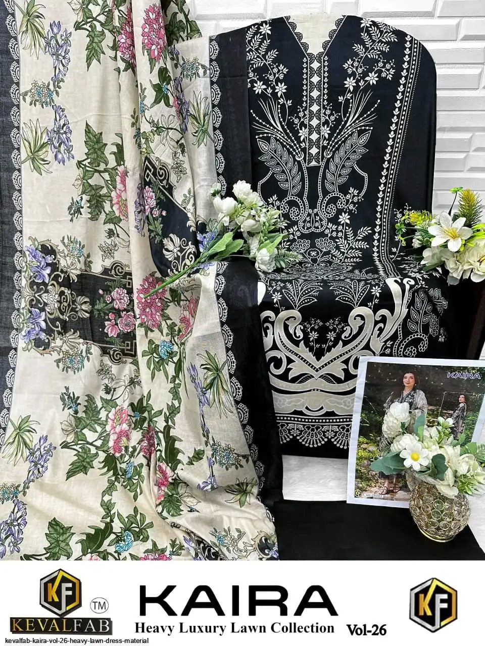 Keval Kaira Pakistani Lawn Readymade Suit - Pure Cotton Lawn with Heavy Lace Work & Dupatta