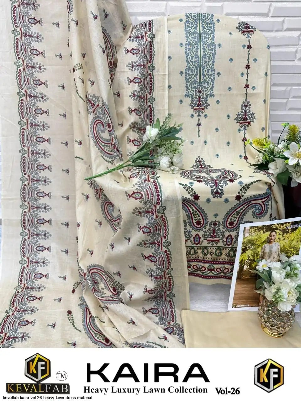 Keval Kaira Pakistani Lawn Readymade Suit - Pure Cotton Lawn with Heavy Lace Work & Dupatta