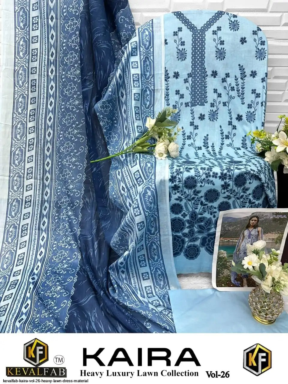 Keval Kaira Pakistani Lawn Readymade Suit - Pure Cotton Lawn with Heavy Lace Work & Dupatta