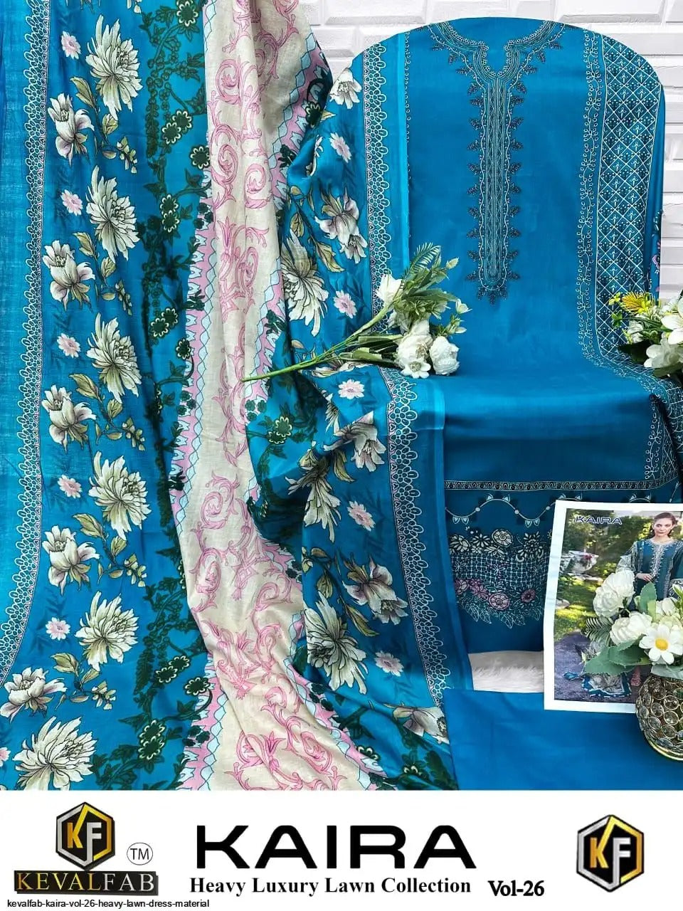 Keval Kaira Pakistani Lawn Readymade Suit - Pure Cotton Lawn with Heavy Lace Work & Dupatta
