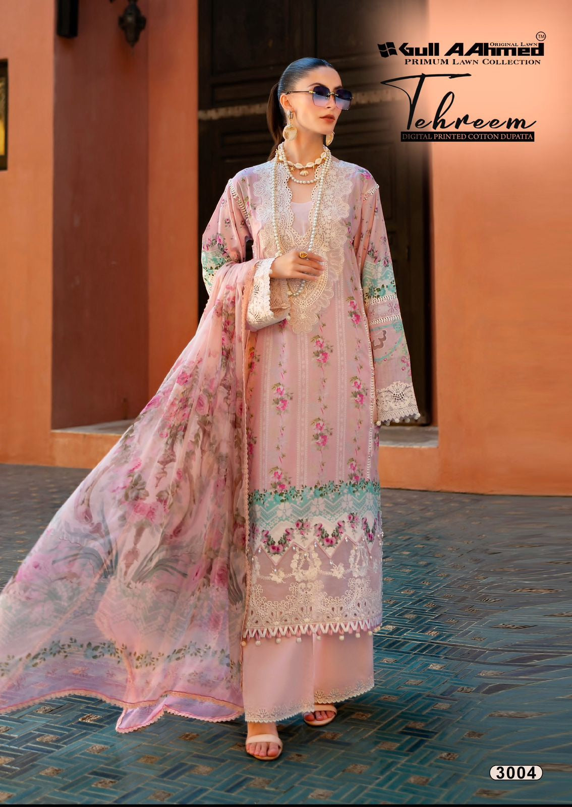 Gull Ahmed Tehreem - Pure Lawn Dress Material with Mal Mal Dupatta