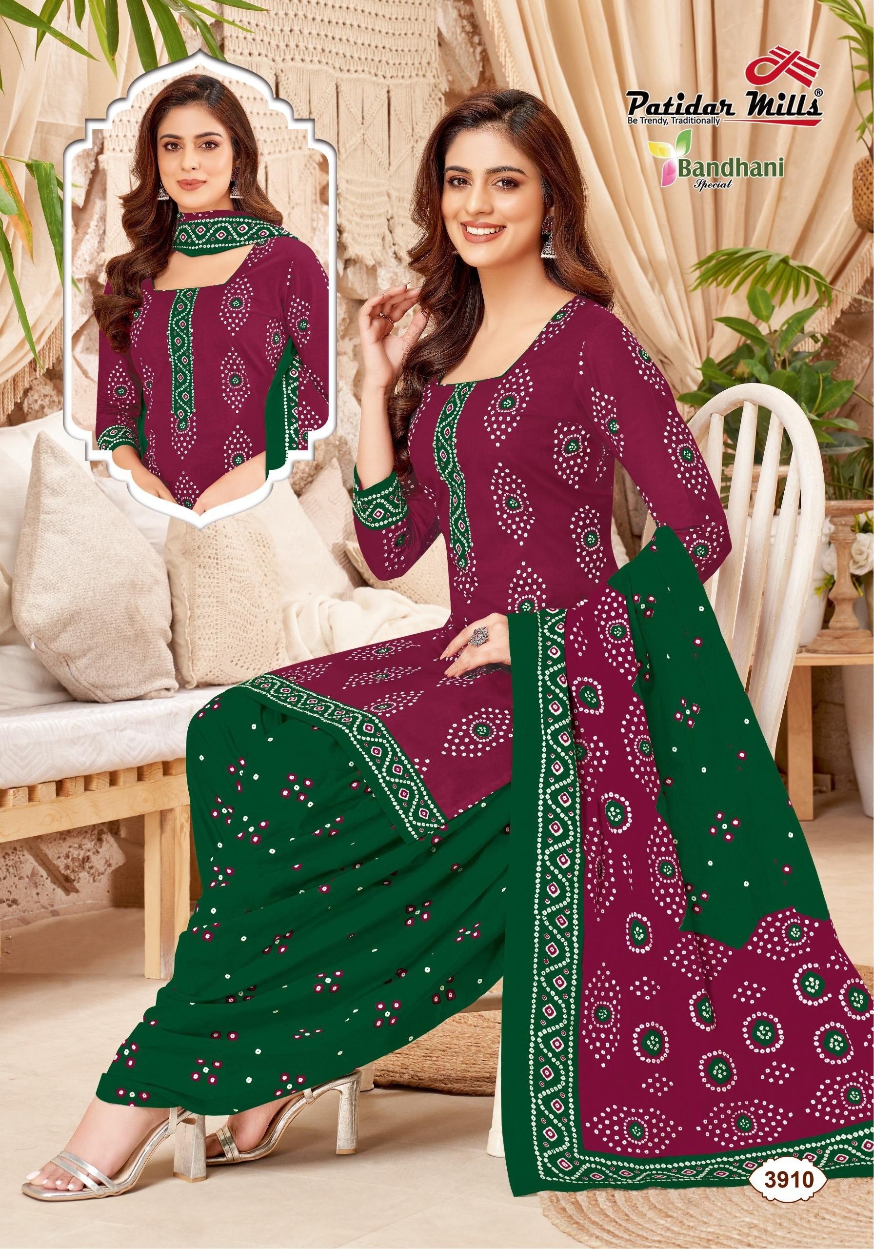 Pure Cotton Unstitched Dress Material for Women | Bandhani Printed Salwar Suit Set with Dupatta