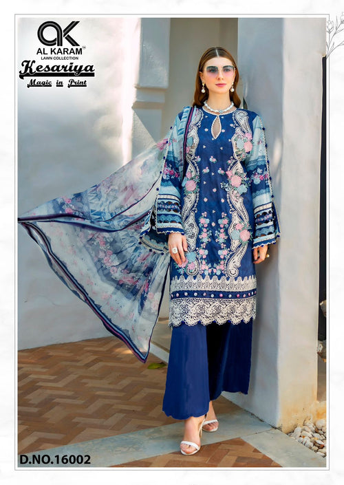 Al Karam Kesariya Magic - Pure Cambric Dress Material with Mal Mal Dupatta