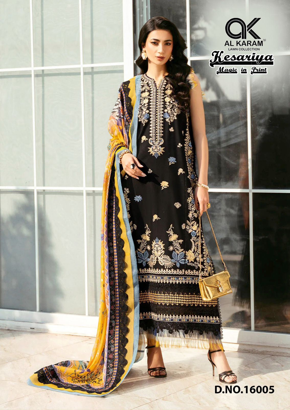 Al Karam Kesariya Magic - Pure Cambric Dress Material with Mal Mal Dupatta