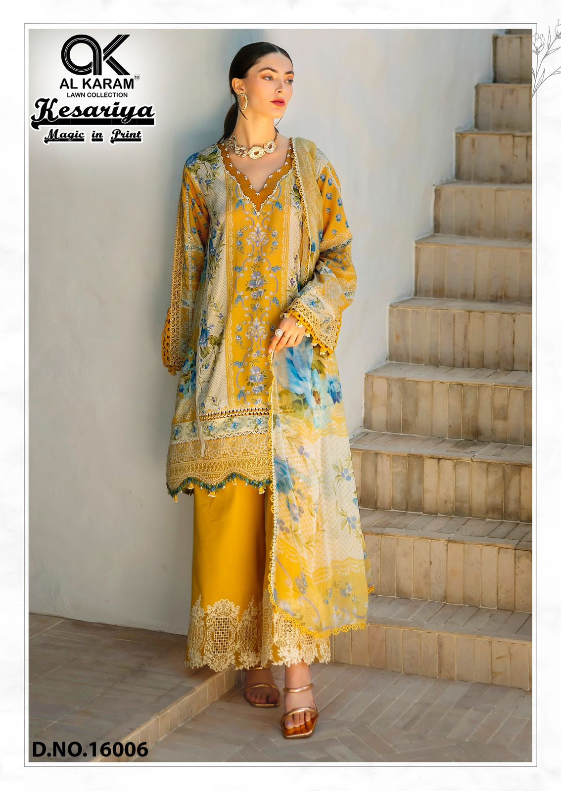 Al Karam Kesariya Magic - Pure Cambric Dress Material with Mal Mal Dupatta