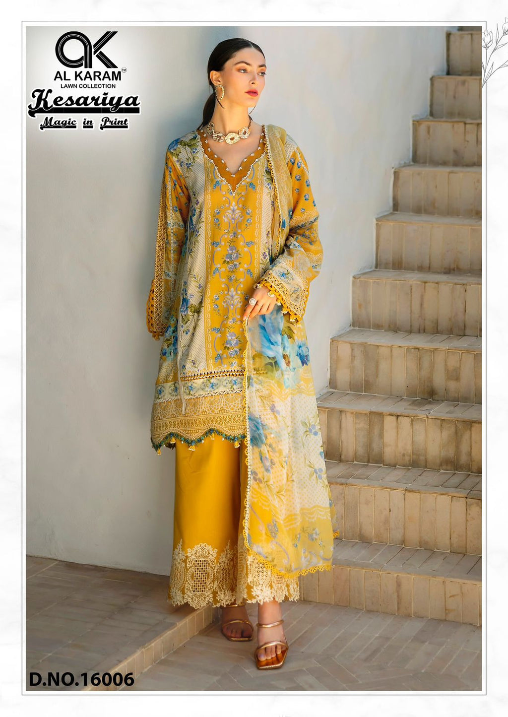 Al Karam Kesariya Magic - Pure Cambric Dress Material with Mal Mal Dupatta