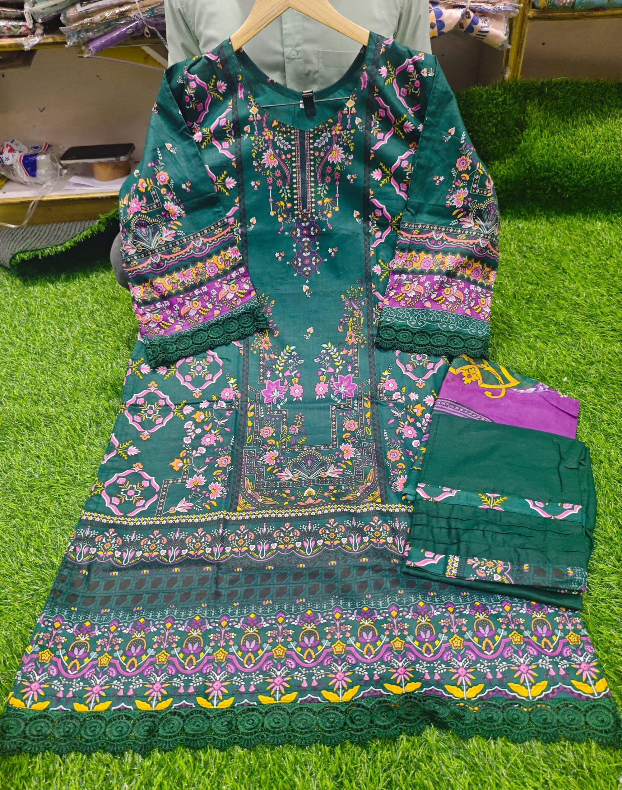 Pakistani Lawn Suit with Heavy Lace & Cotton Dupatta