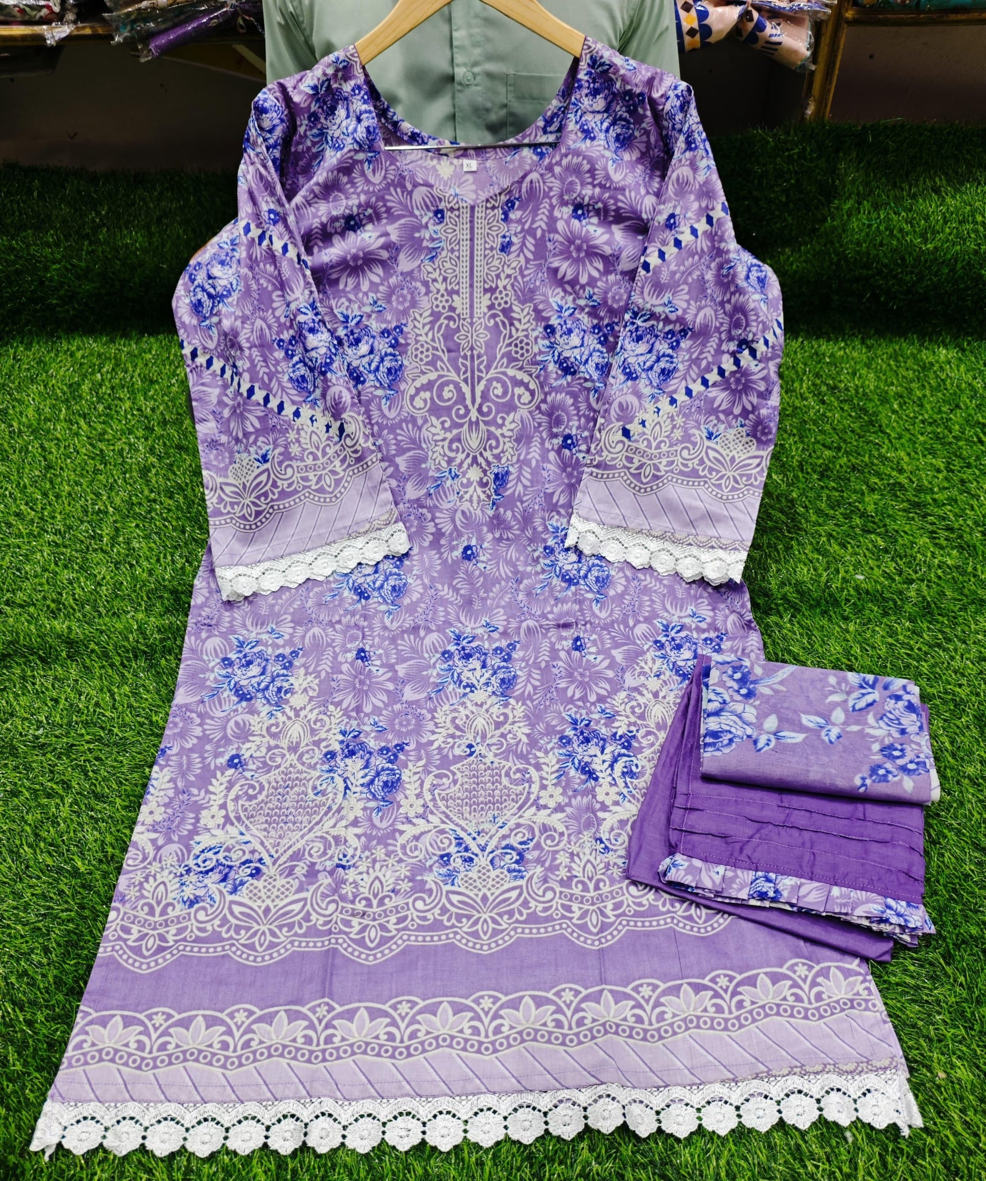 Pakistani Lawn Suit with Heavy Lace & Cotton Dupatta