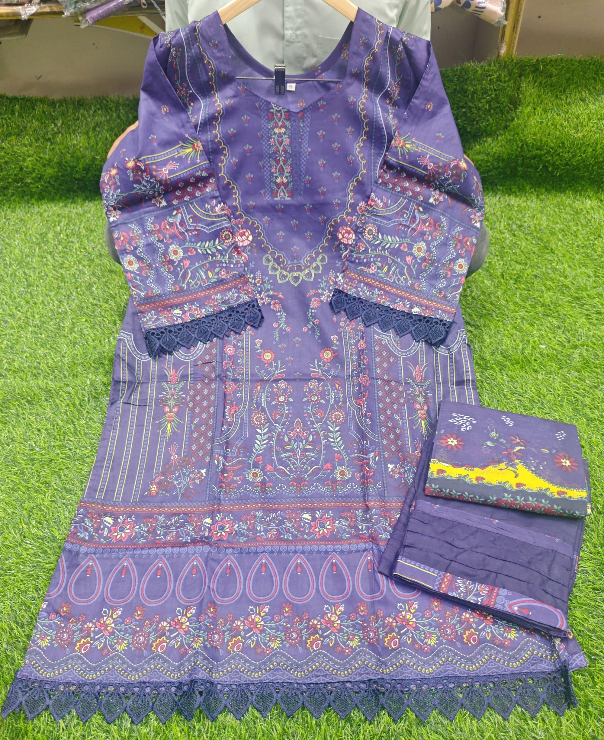 Pakistani Lawn Suit with Heavy Lace & Cotton Dupatta