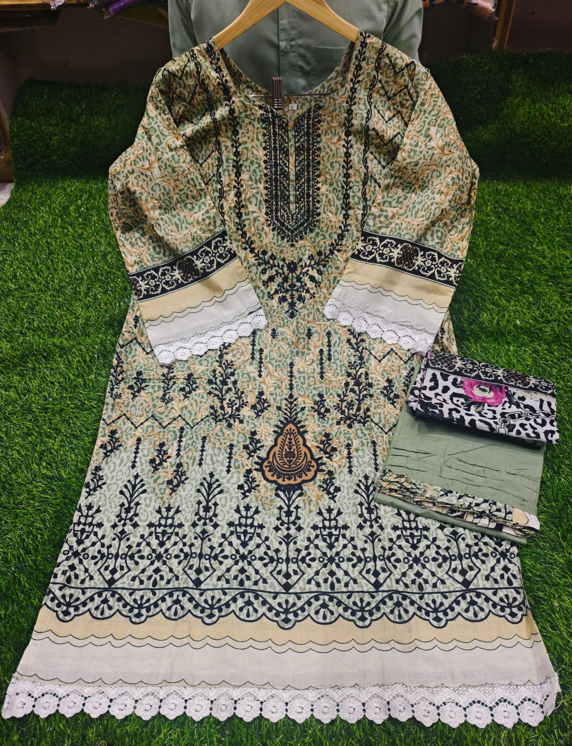 Pakistani Lawn Suit with Heavy Lace & Cotton Dupatta