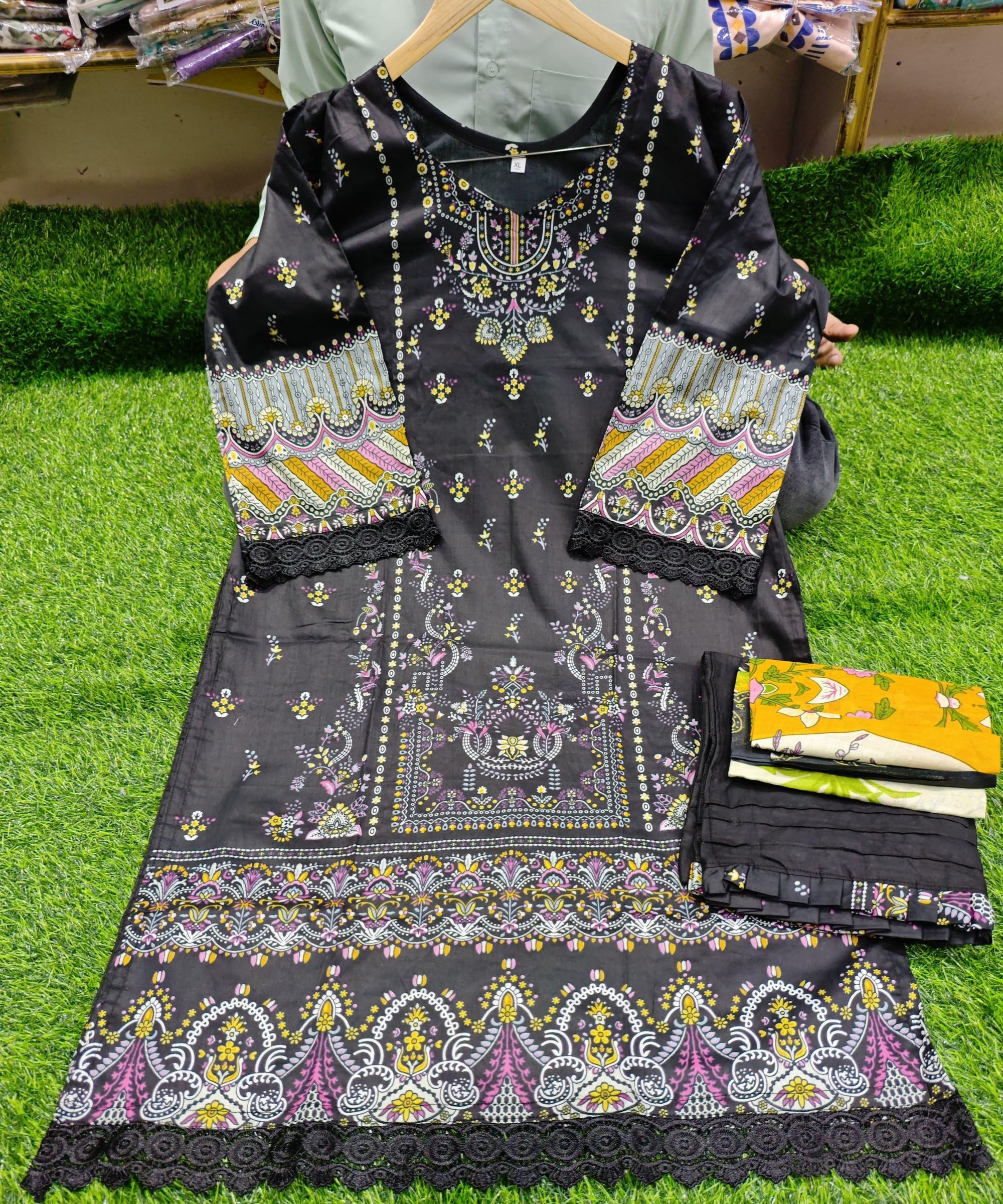 Pakistani Lawn Suit with Heavy Lace & Cotton Dupatta