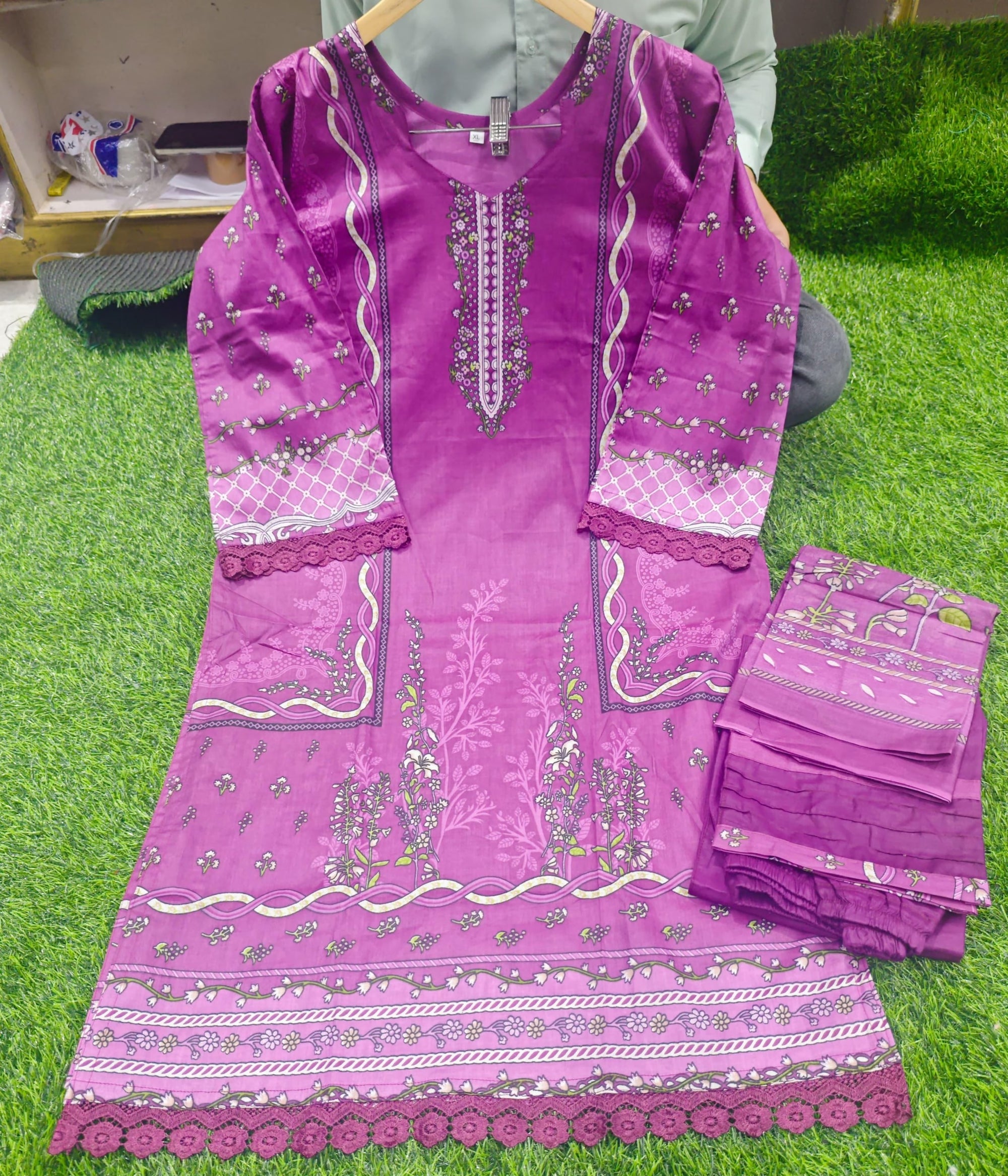 Pakistani Lawn Suit with Heavy Lace & Cotton Dupatta