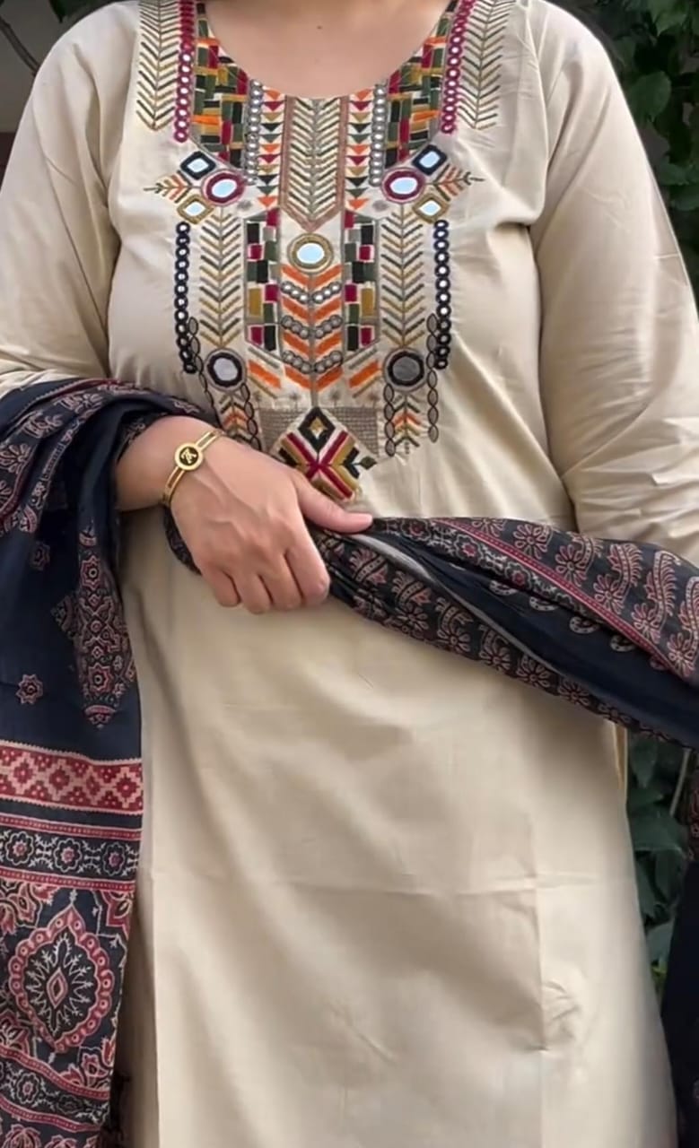 Pure Cotton Embroidered Kurti Set with Pant & Dupatta – Heavy Embroidery & Gotta Lace Work