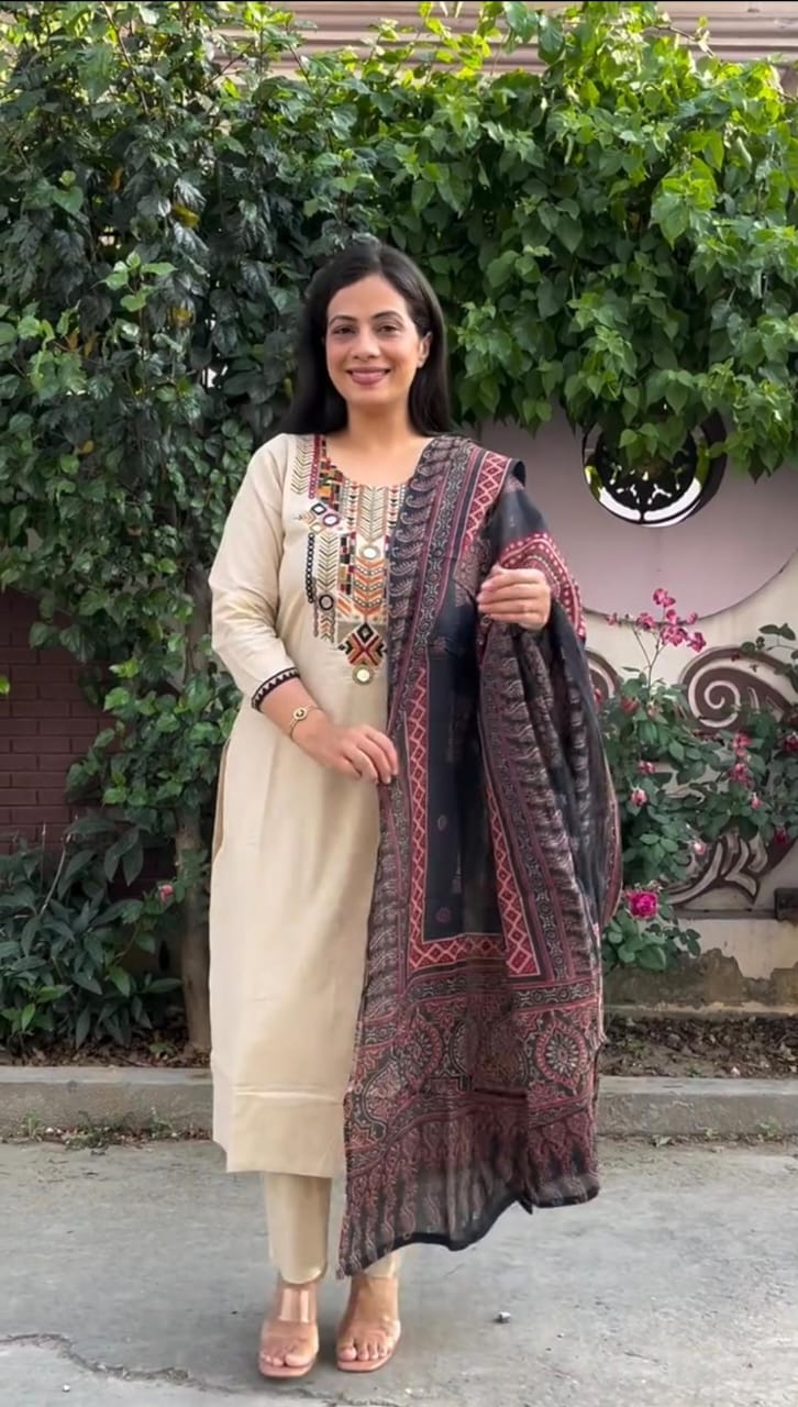 Pure Cotton Embroidered Kurti Set with Pant & Dupatta – Heavy Embroidery & Gotta Lace Work