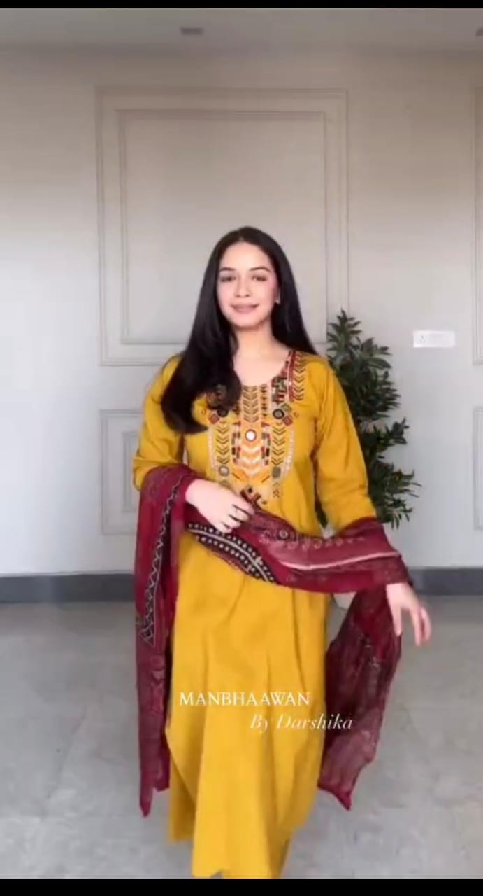 Pure Cotton Embroidered Kurti Set with Pant & Dupatta Lace Work