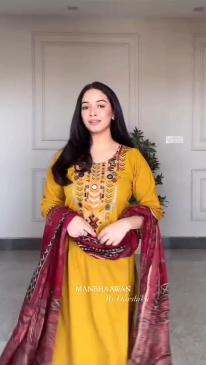 Pure Cotton Embroidered Kurti Set with Pant & Dupatta Lace Work