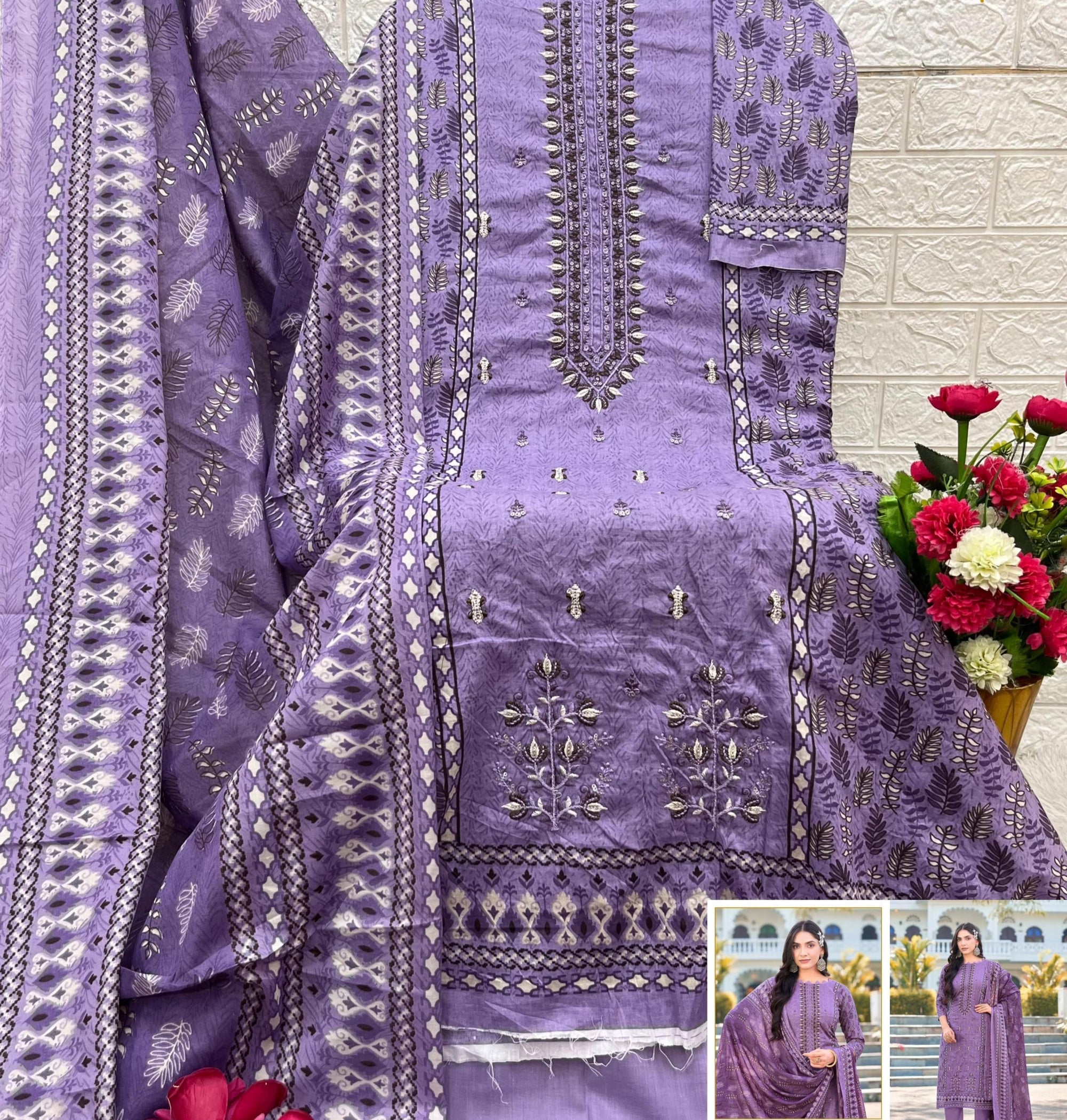 Embroidered Cotton Suit Set - Premium Self Embroidery Work with Mal Mal Cotton Dupatta