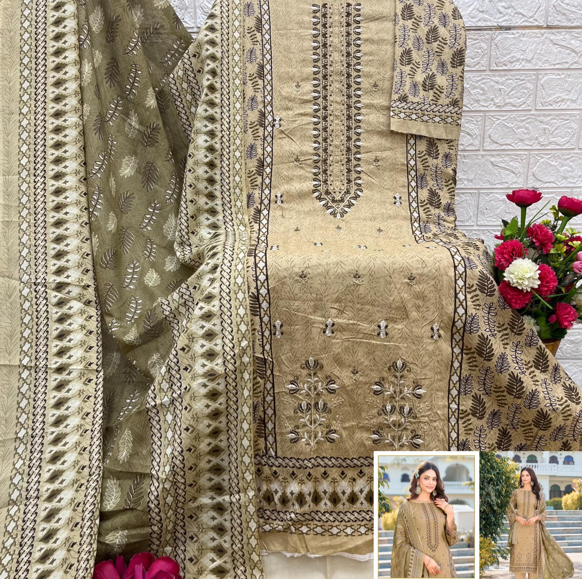 Embroidered Cotton Suit Set - Premium Self Embroidery Work with Mal Mal Cotton Dupatta