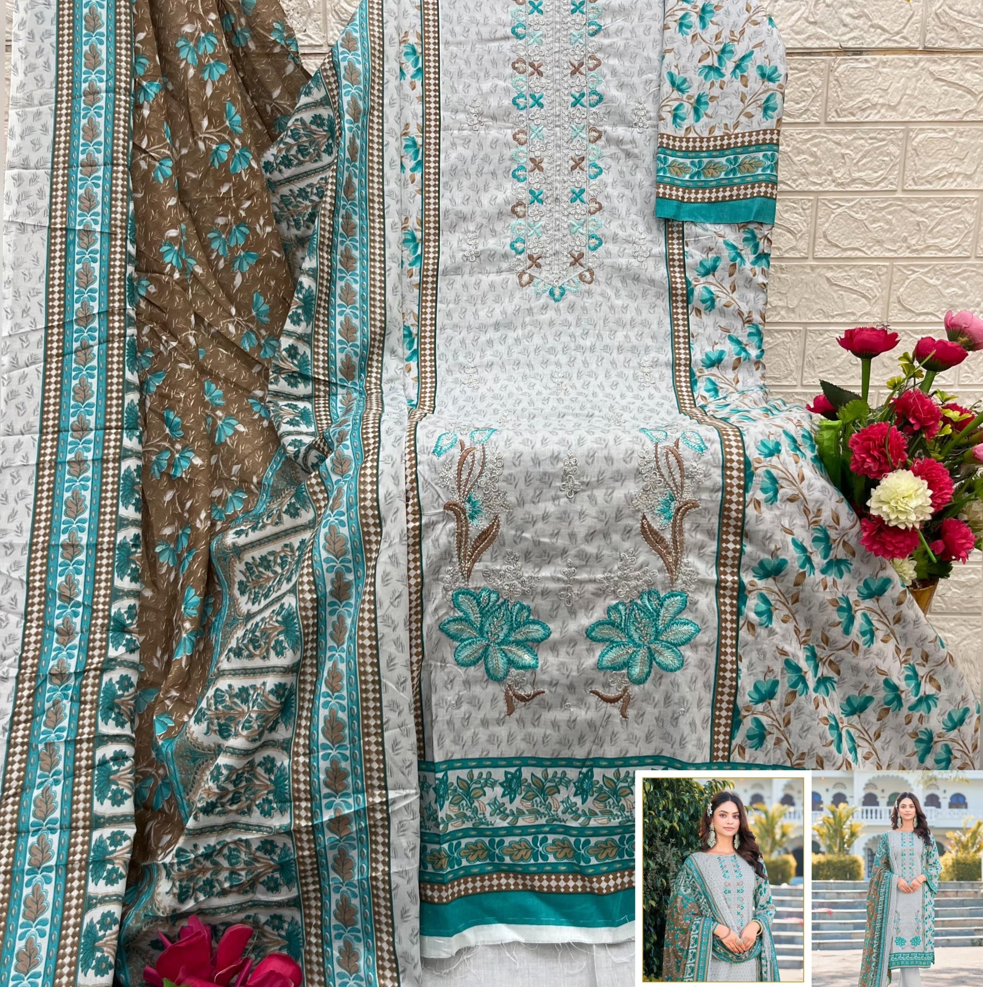 Embroidered Cotton Suit Set - Premium Self Embroidery Work with Mal Mal Cotton Dupatta