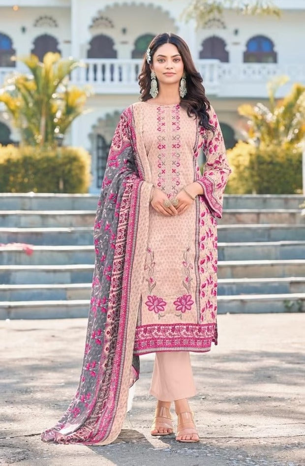 Embroidered Cotton Suit Set - Premium Self Embroidery Work with Mal Mal Cotton Dupatta