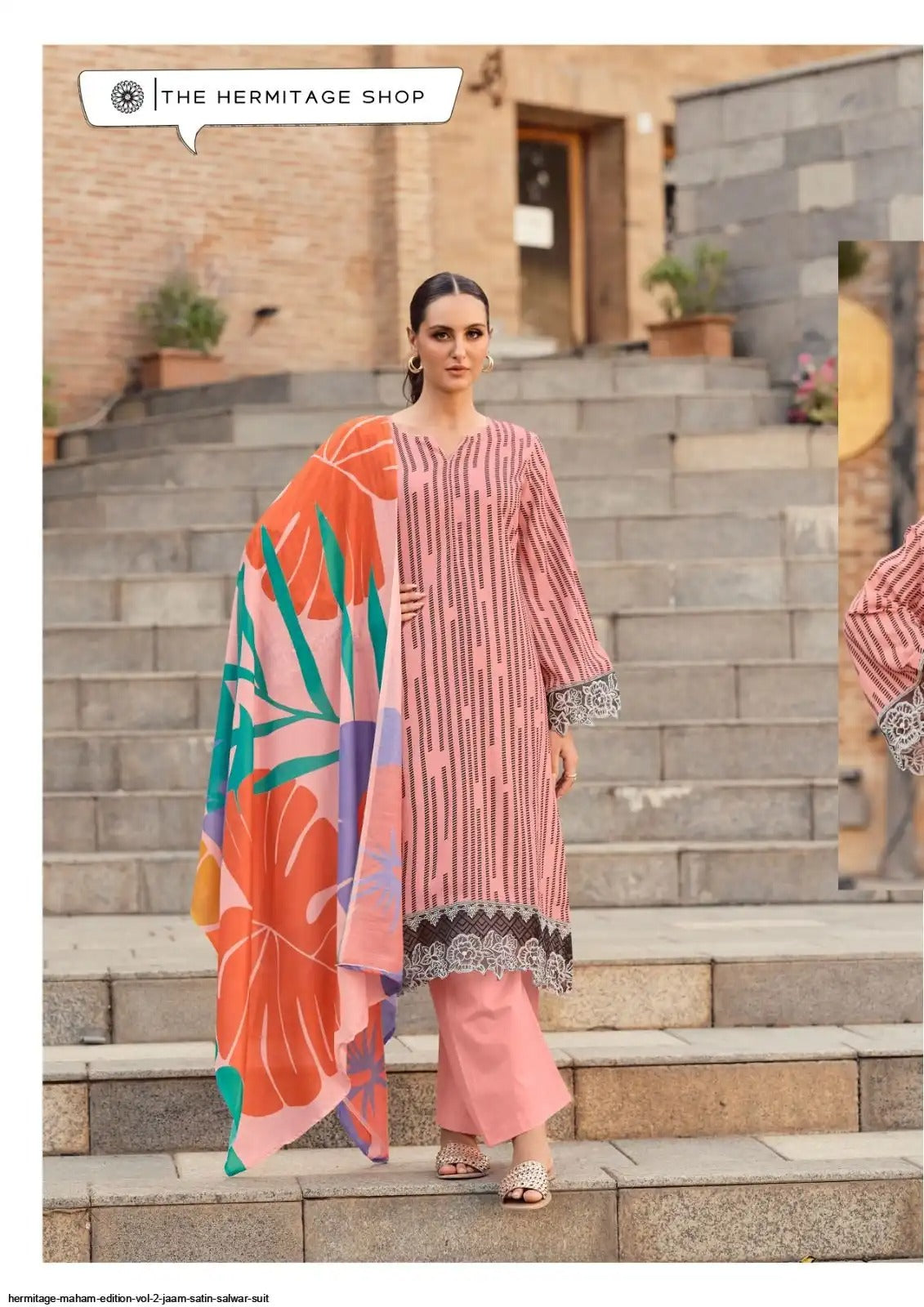 Hermitage Maham - Satin Fancy Dress Material - Embroidered Suit with Dupatta