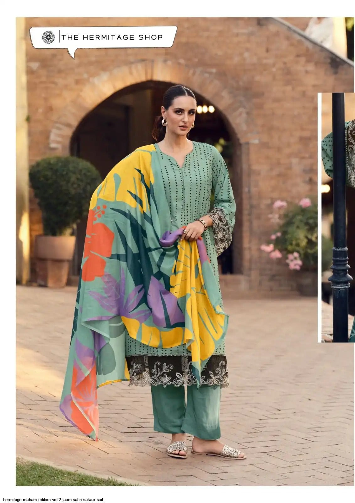 Hermitage Maham - Satin Fancy Dress Material - Embroidered Suit with Dupatta