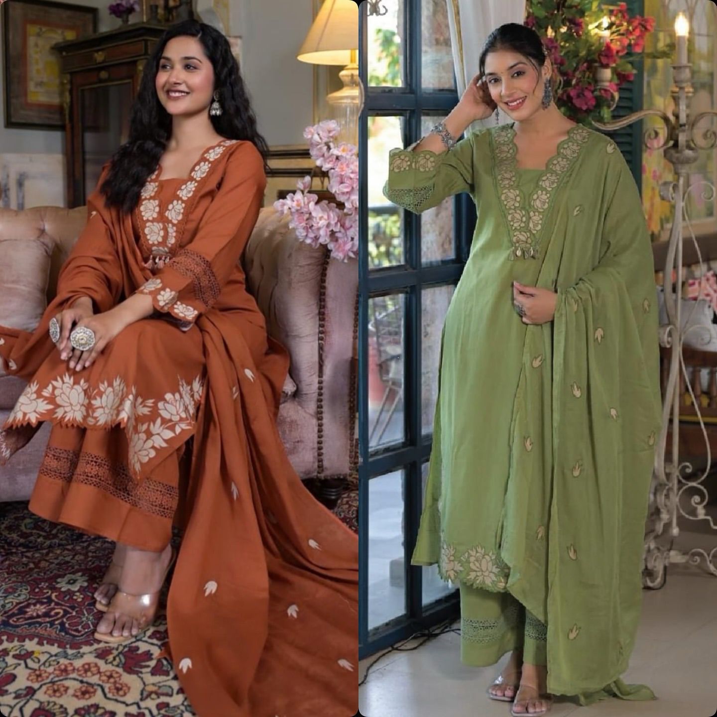 Women’s Party & Festive Wear Kurta Pant Set Embroidered Reyon Slub Cotton Suit Set with Pant & Dupatta